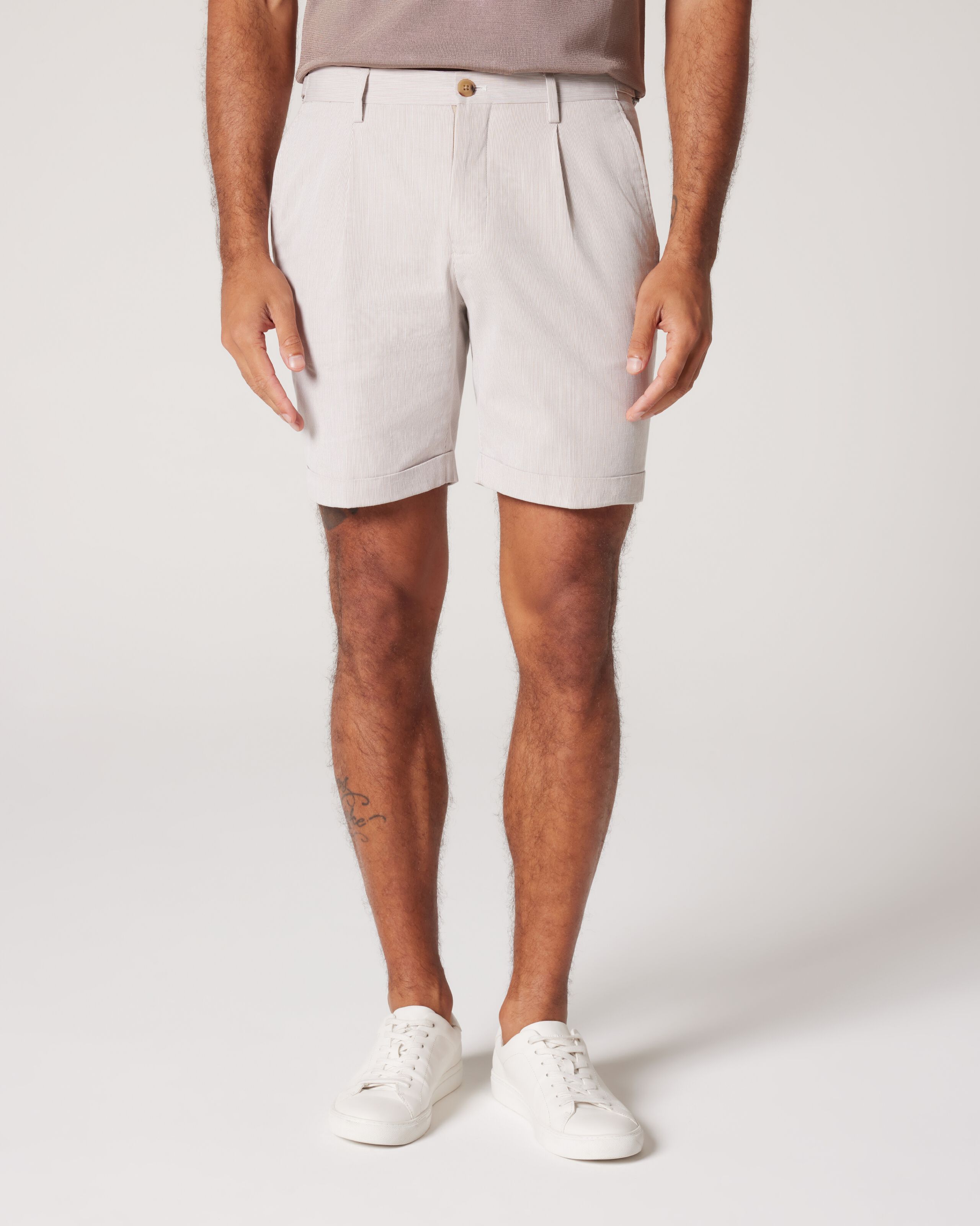 Textured Stripe Cotton Tailored Shorts Tan Shorts Politix